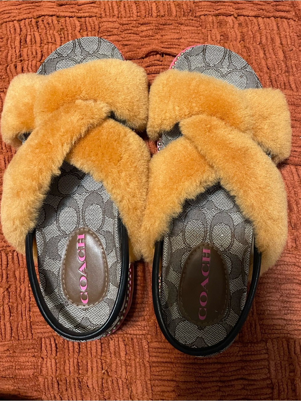 Coach Tally Orange Shearling Cross-Band Slingbacks with Signature Canvas - Picture 2 of 13